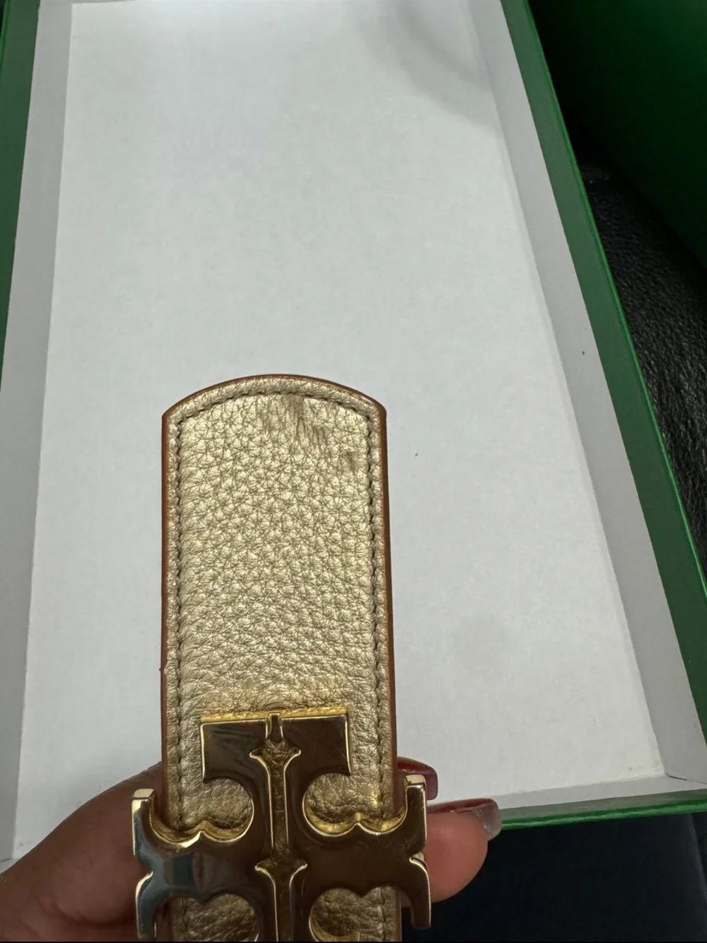 Tory Burch Metallic Gold Leather Belt with Signature Logo Buckle